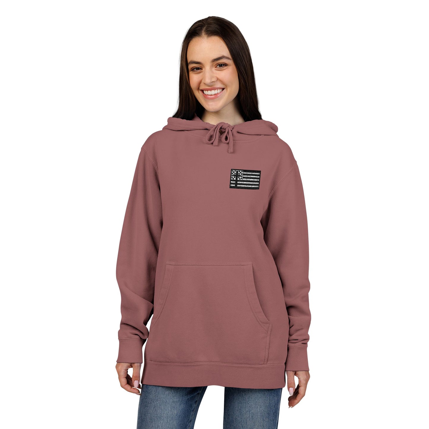 Embroidered Flag Patch Hoodie — Pigment-Dyed Casual Pullover