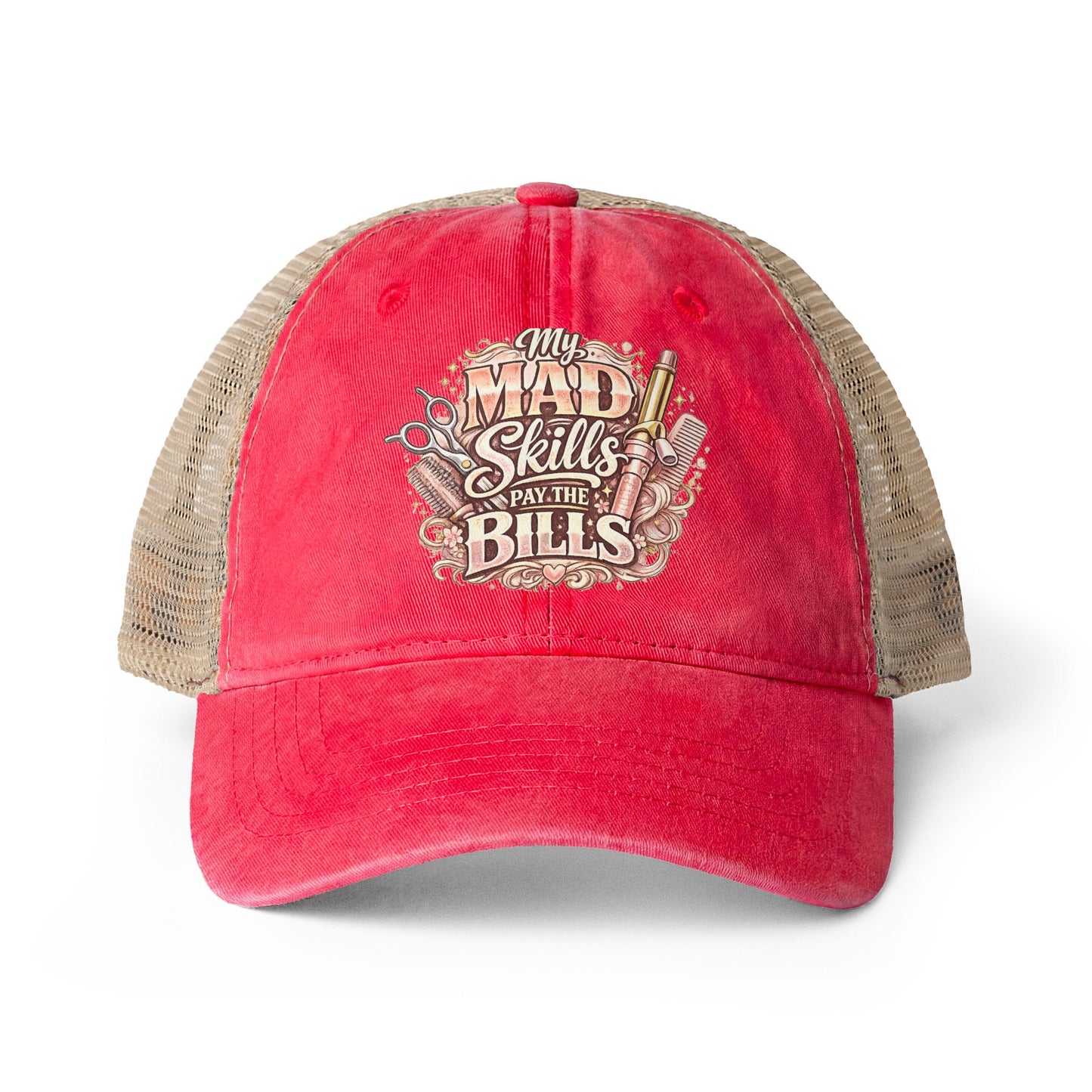 Mesh-Back Cap with surprise print under visor/ My Mad Skills Pay the Bills hairstylist