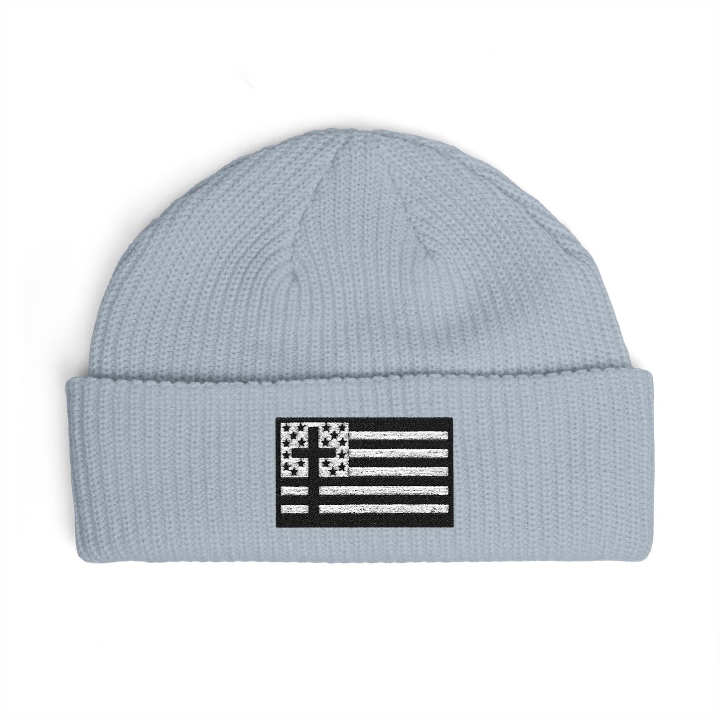 Cuffed Beanie with Black & White American Flag with Cross Patch — Patriotic Winter Knit Hat