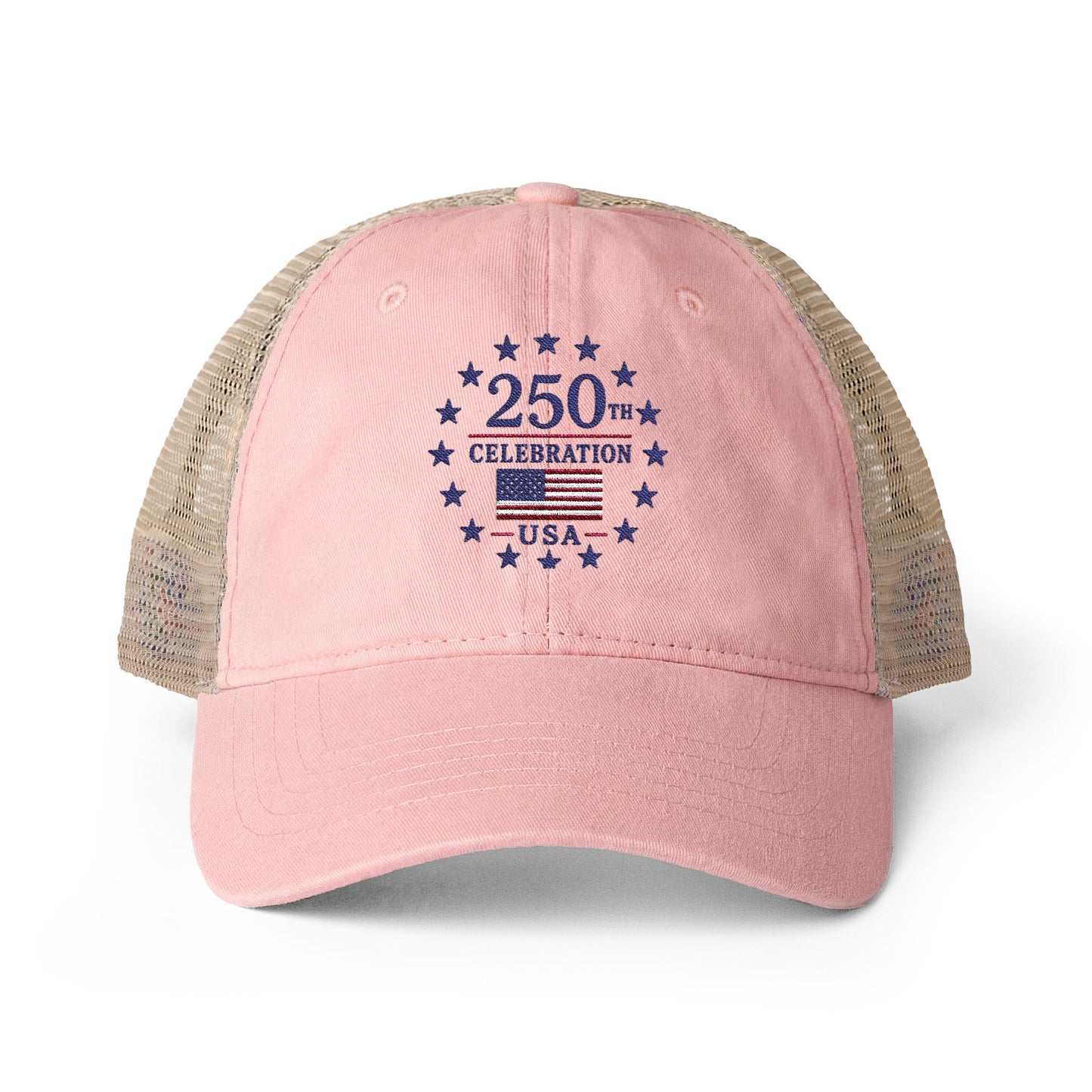 Women's Washed Mesh-Back Cap with print underneath bill embroidered USA 250th celebration various colors