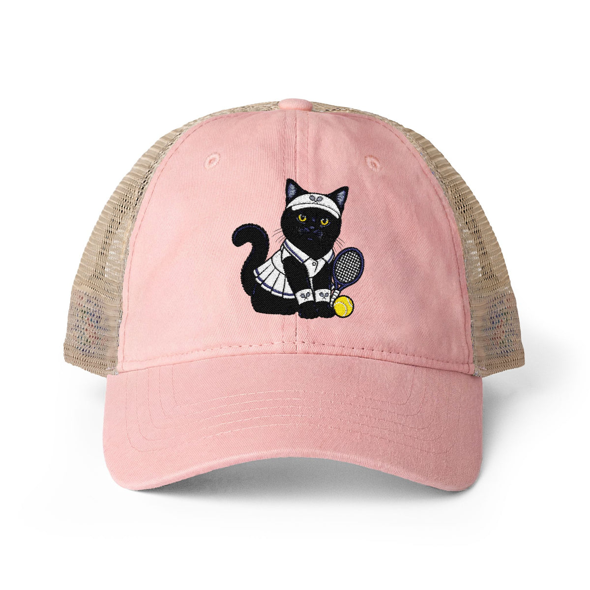 Black Cat Tennis Embroidered Women's Washed Mesh-Back Cap