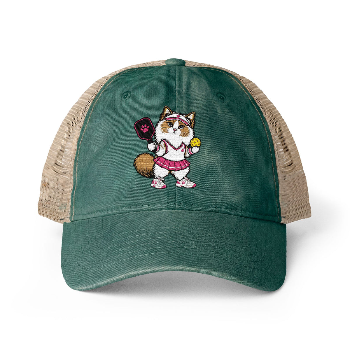 Pickleball Cat Embroidered Women's Washed Mesh-Back Cap