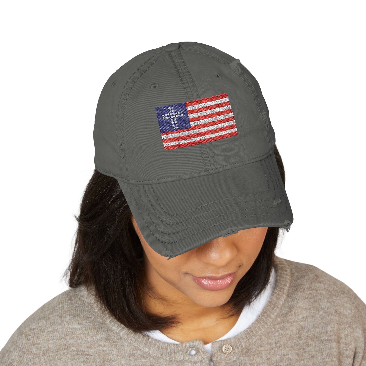 Distressed Embroidered Flag Hat — Vintage American Flag Baseball Cap