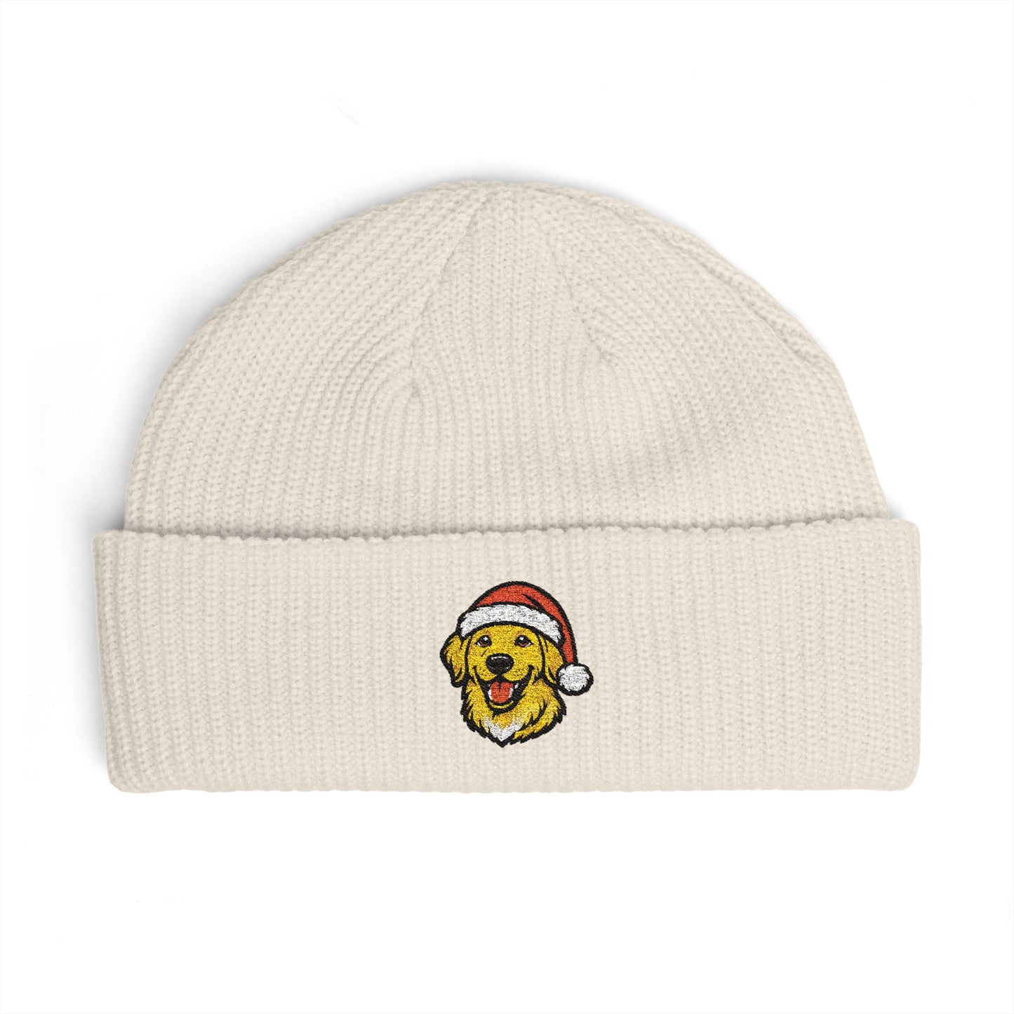 Cuffed Beanie — Embroidered Yellow Labrador Dog in Santa Hat Winter cap