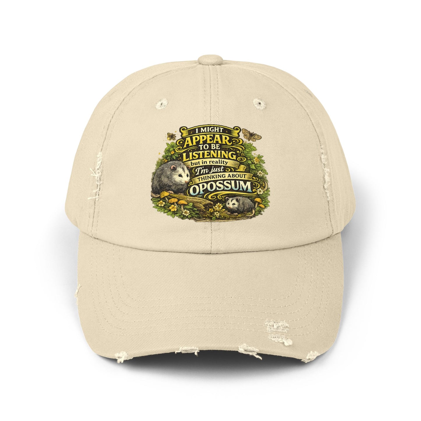 I Might Appear To Be Listening Cap | Opossum Illustration, Distressed Baseball Hat