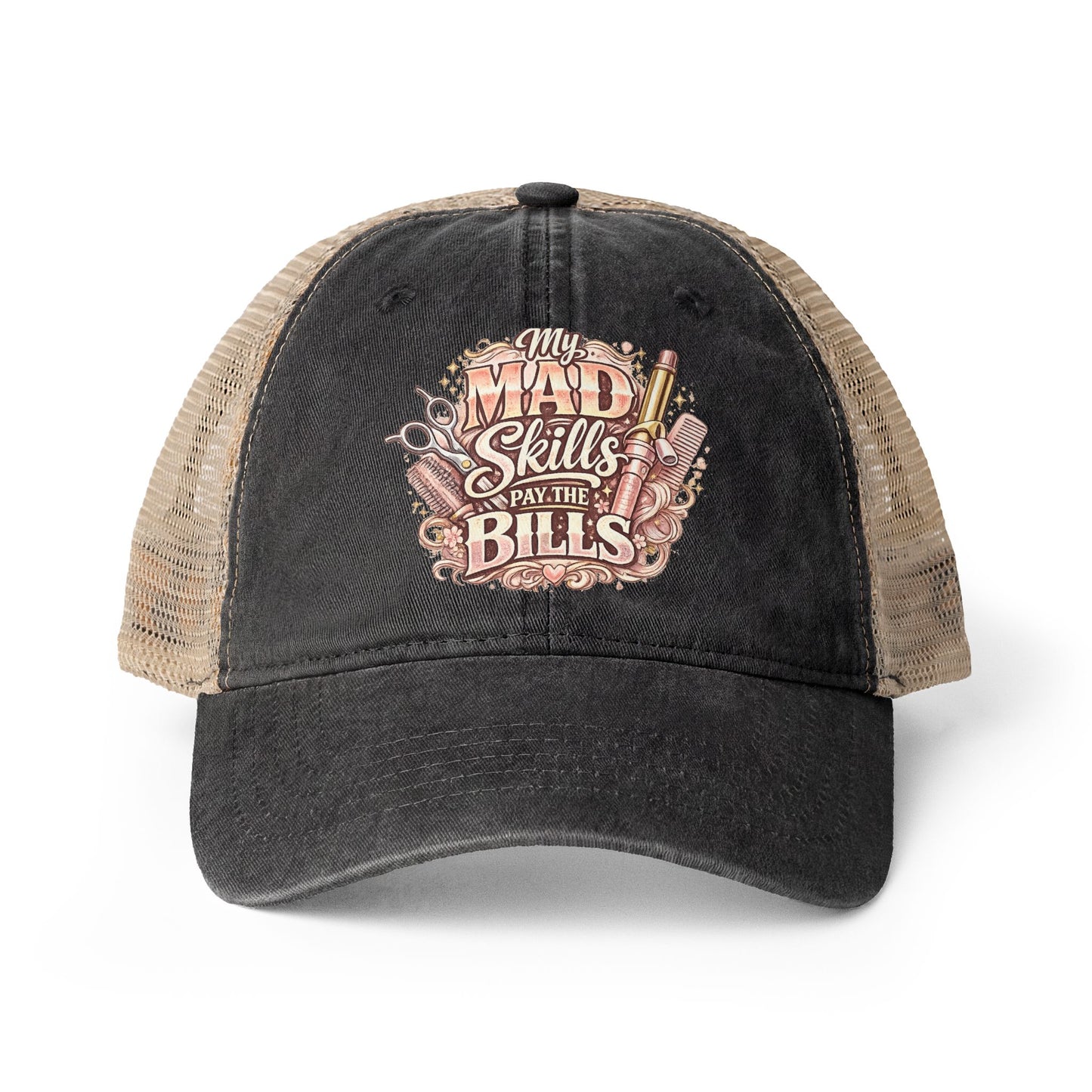 Mesh-Back Cap with surprise print under visor/ My Mad Skills Pay the Bills hairstylist