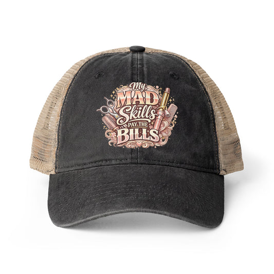 Mesh-Back Cap with surprise print under visor/ My Mad Skills Pay the Bills hairstylist