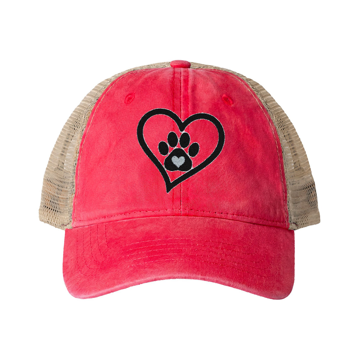 Heart Paw Print Embroidered Women's Washed Mesh-Back Cap