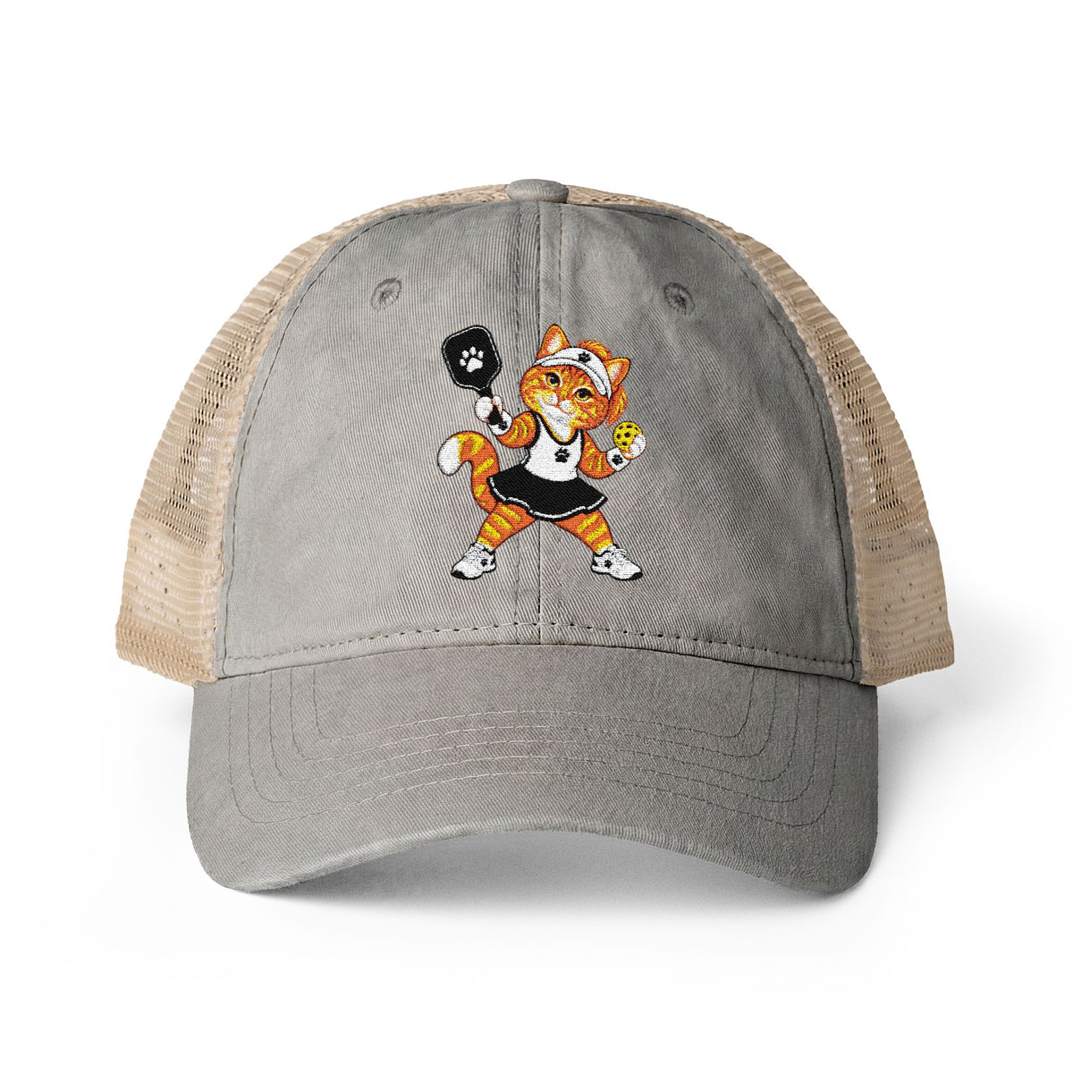 Pickleball Orange Cat Embroidered Women's Washed Mesh-Back Cap