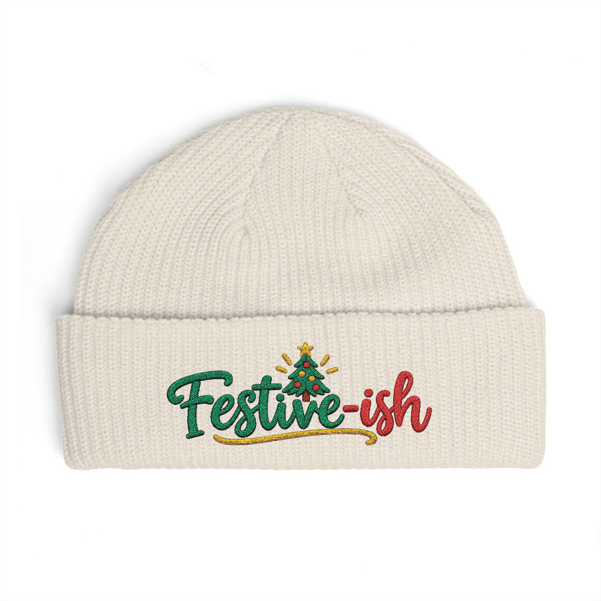 Festive-ish Cuff Beanie — Embroidered Holiday Knit Hat