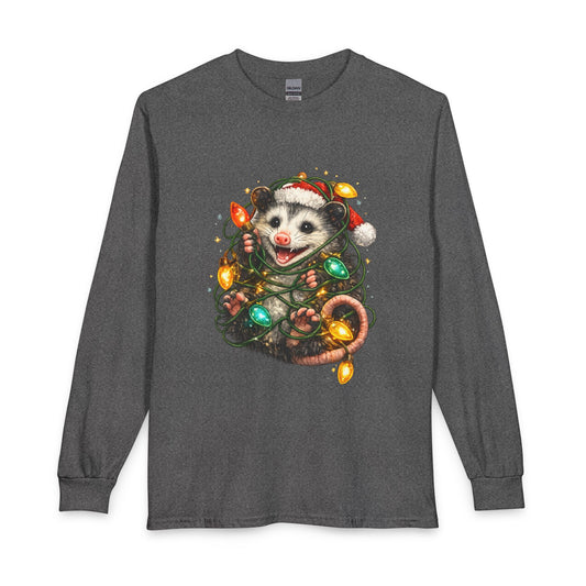 Christmas Opossum Long Sleeve Tee — Cute Opossum Wrapped in Holiday Lights