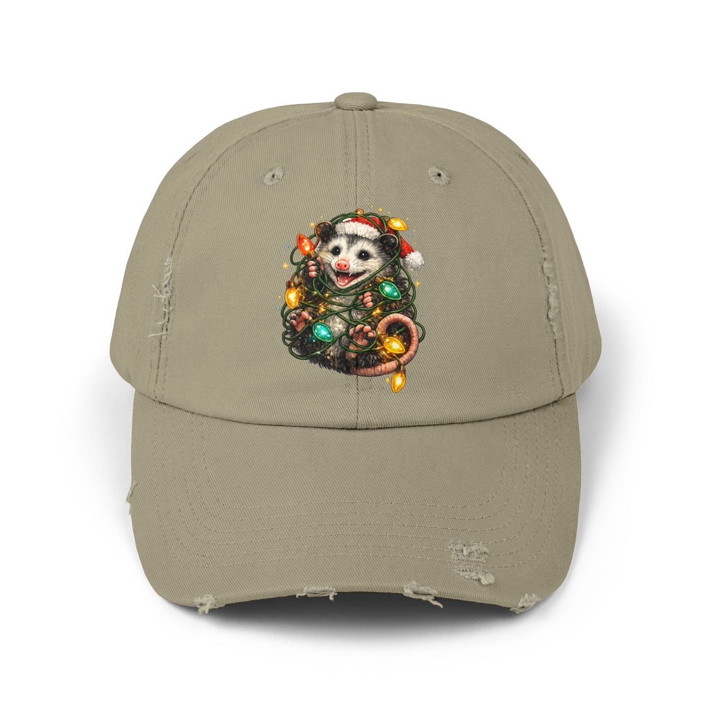 Christmas Opossum Distressed Cap — Cute Opossum Wrapped in Holiday Lights