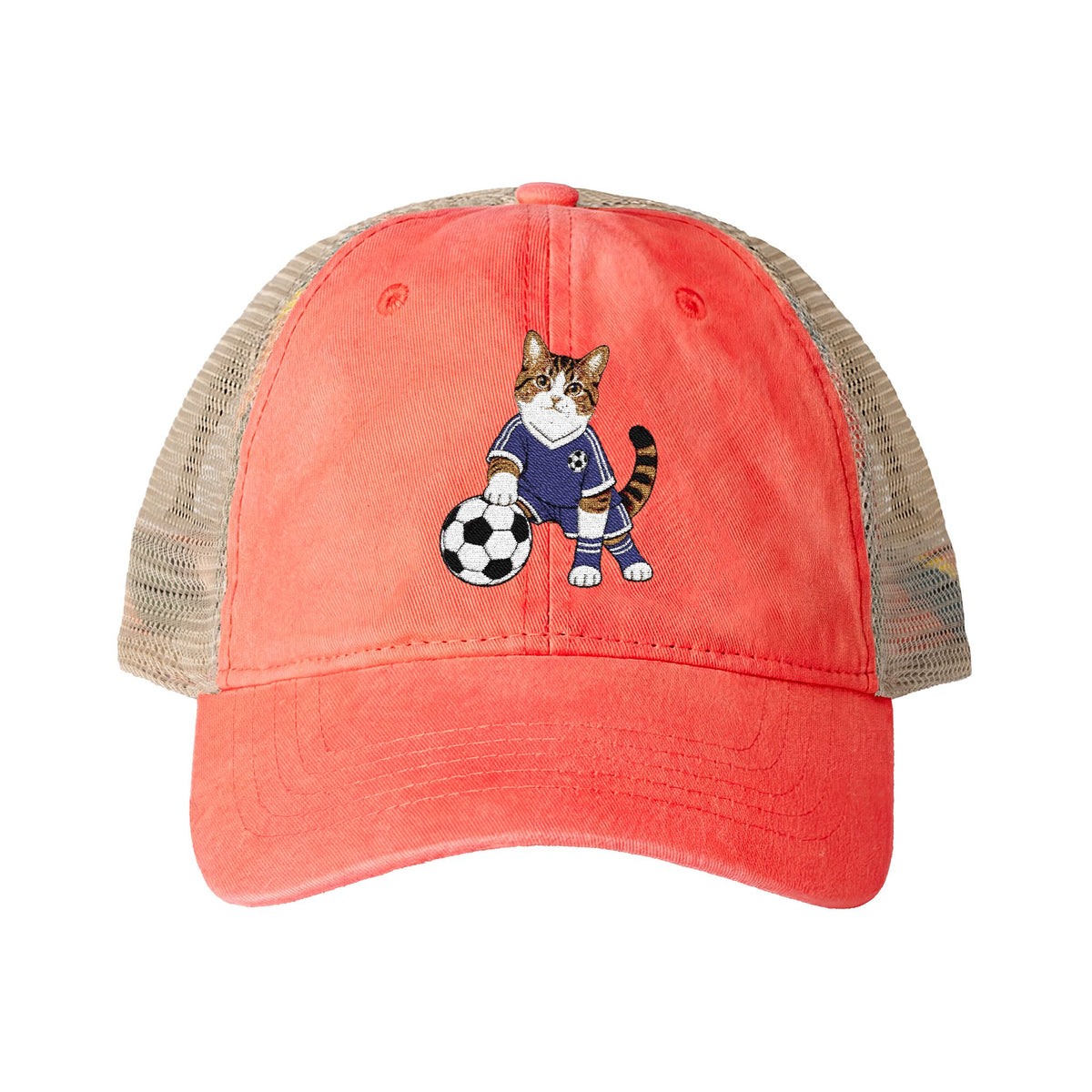 Soccer Cat Embroidered Women's Washed Mesh-Back Cap