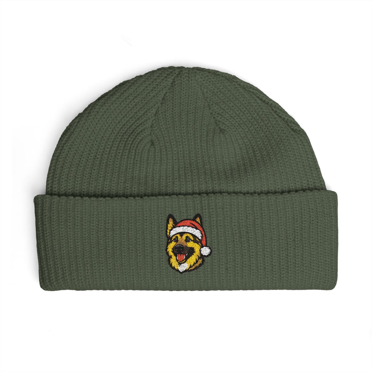 Cuffed Beanie — Embroidered German Shepherd Dog in Santa Hat Winter cap