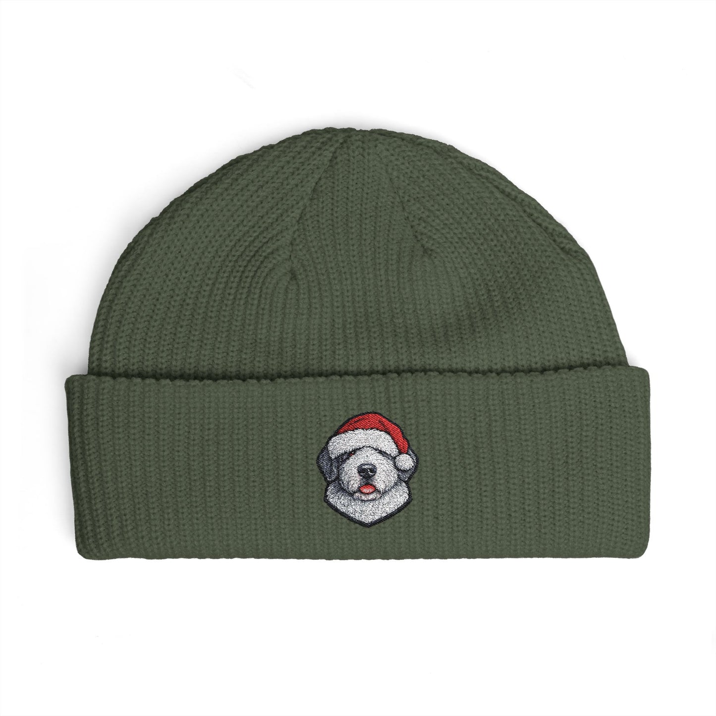 Cuffed Beanie — Embroidered Old English Sheep Dog in Santa Hat Winter Hat