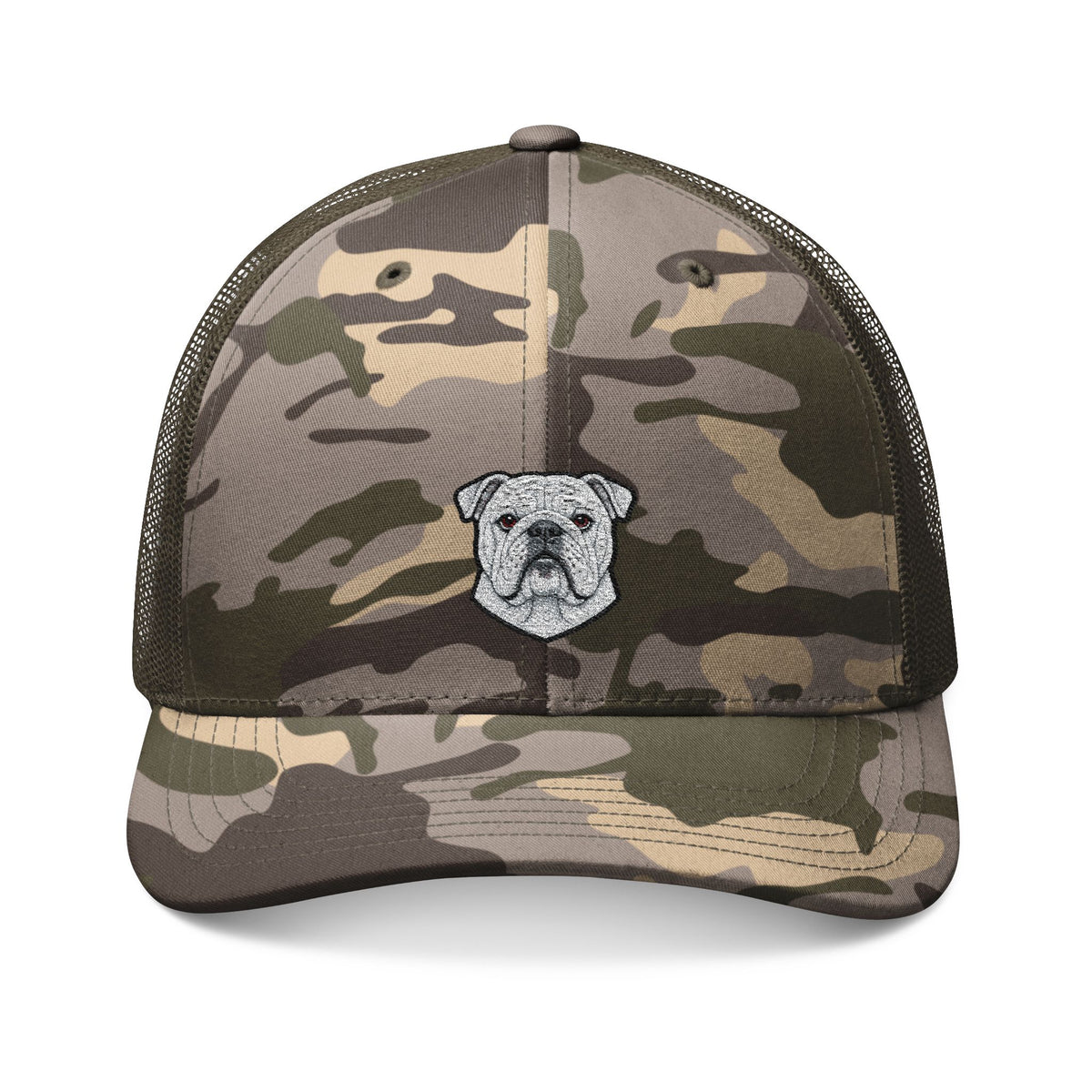 English Bulldog Face Embroidered Camouflage Trucker Hat