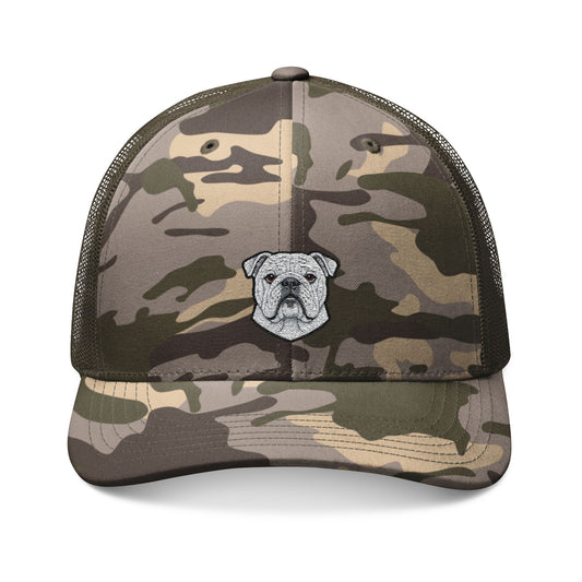 English Bulldog Face Embroidered Camouflage Trucker Hat