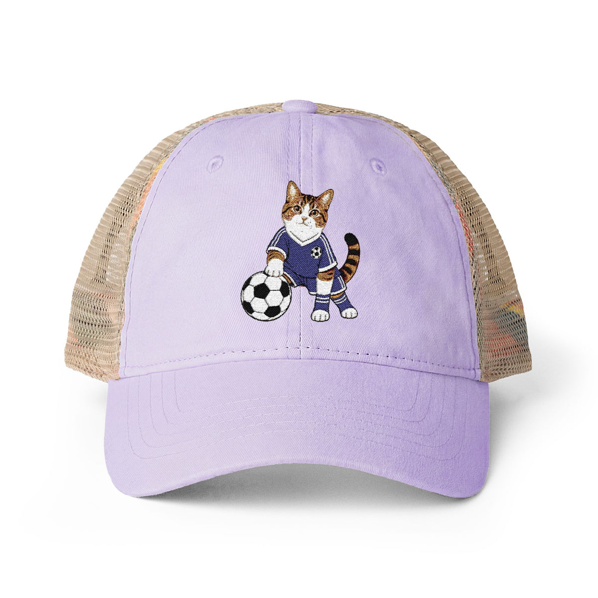Soccer Cat Embroidered Women's Washed Mesh-Back Cap