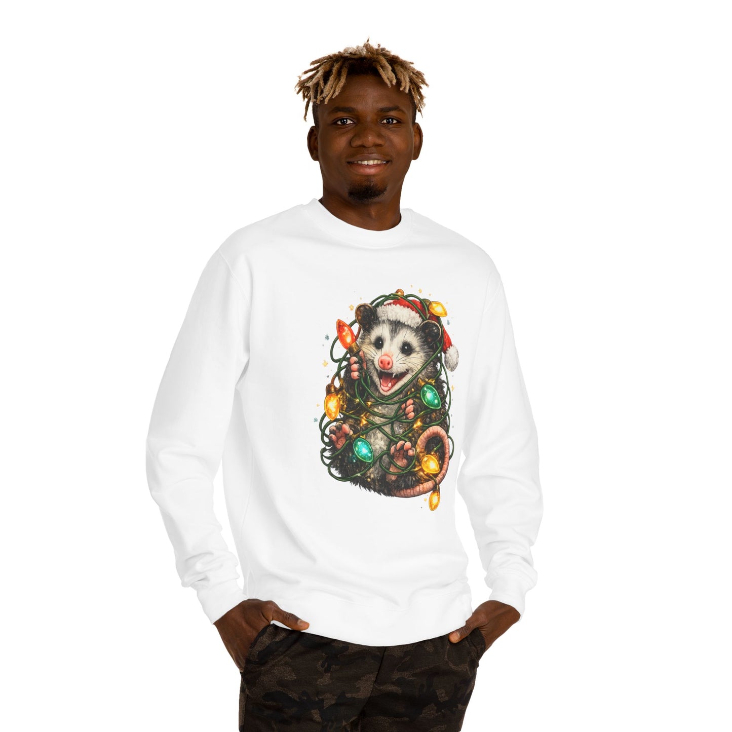 Christmas Opossum Sweatshirt — Cute Opossum Wrapped in Holiday Lights