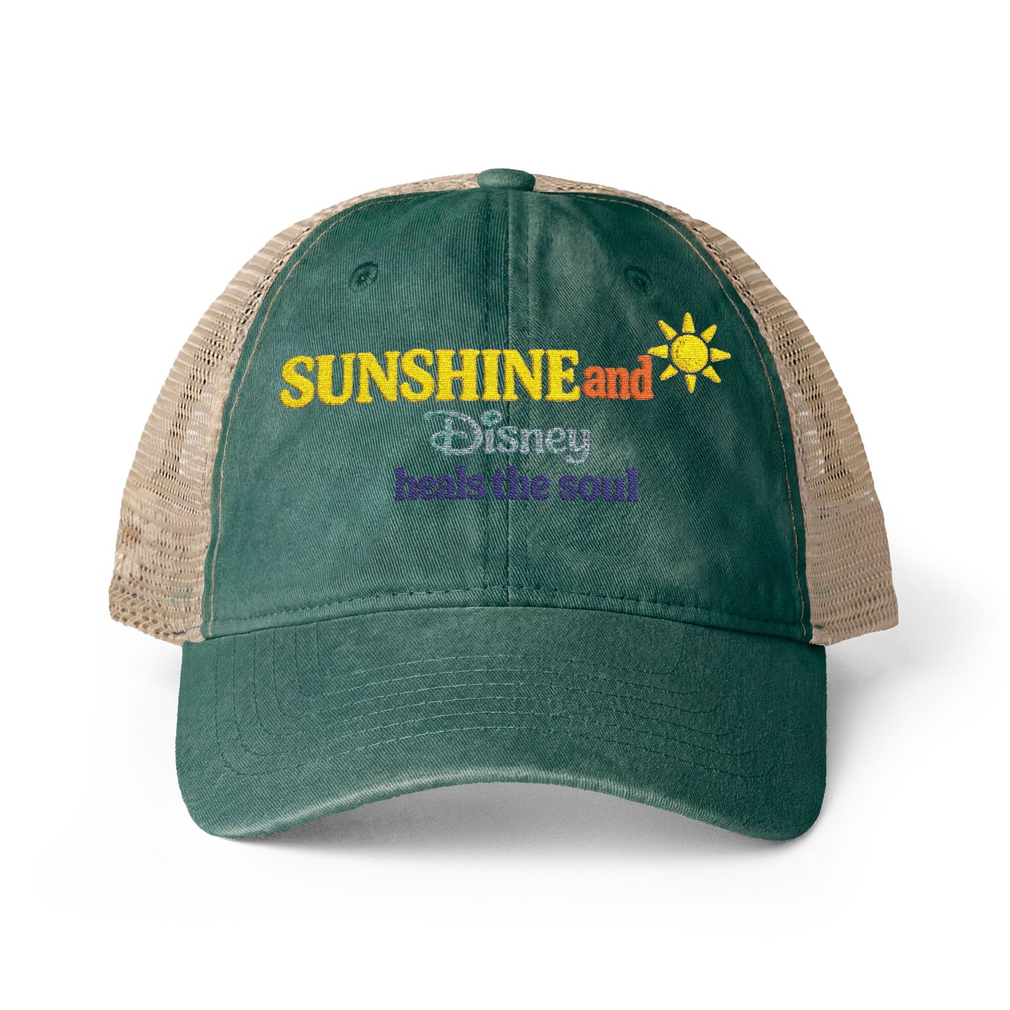 Women's Washed Mesh-Back Cap Embroidered Sunshine and Disney heals the soul solid print on front/pattern under visor