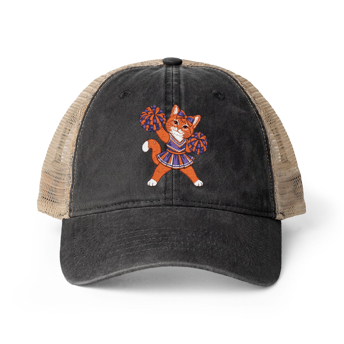 Orange Cheer Cat Embroidered Women's Washed Mesh-Back Cap