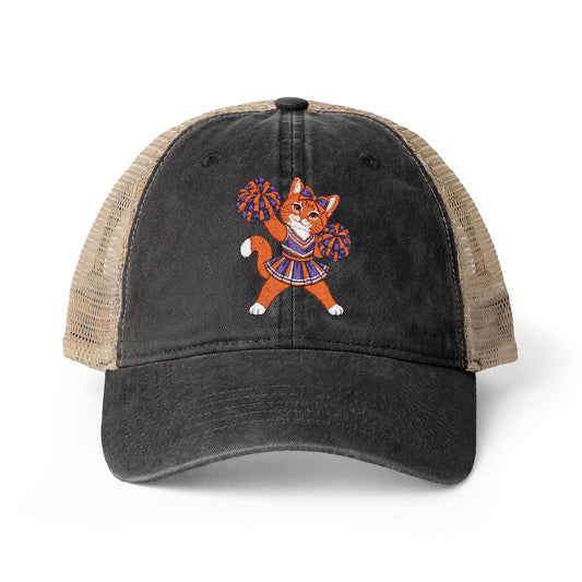 Orange Cheer Cat Embroidered Women's Washed Mesh-Back Cap