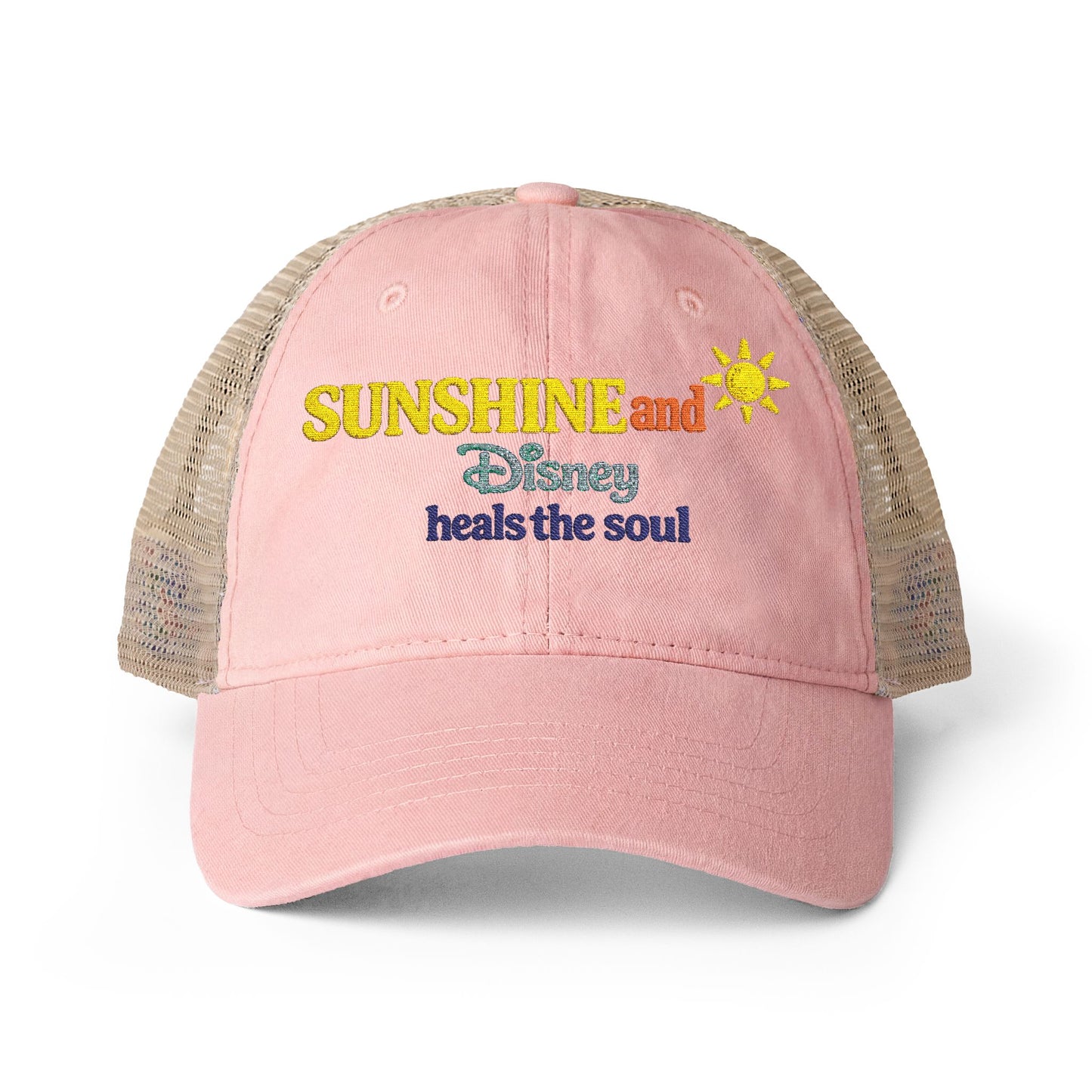 Women's Washed Mesh-Back Cap Embroidered Sunshine and Disney heals the soul solid print on front/pattern under visor