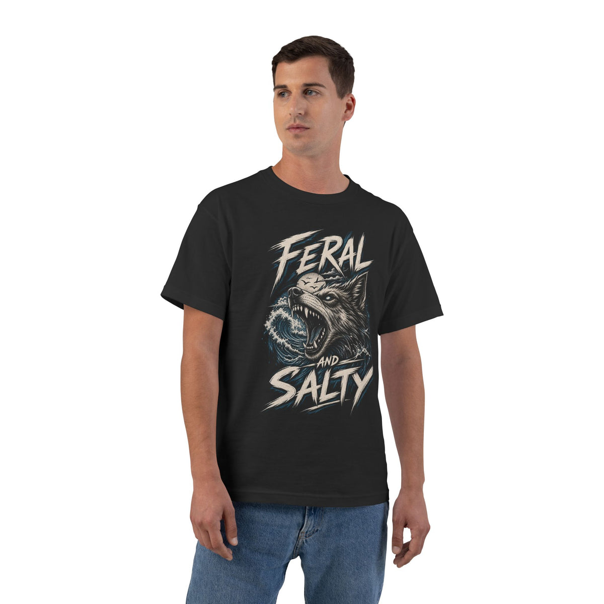 Feral and Salty Wolf Ocean T-Shirt — Graphic Animal Tee for Outdoor & Casual Wear