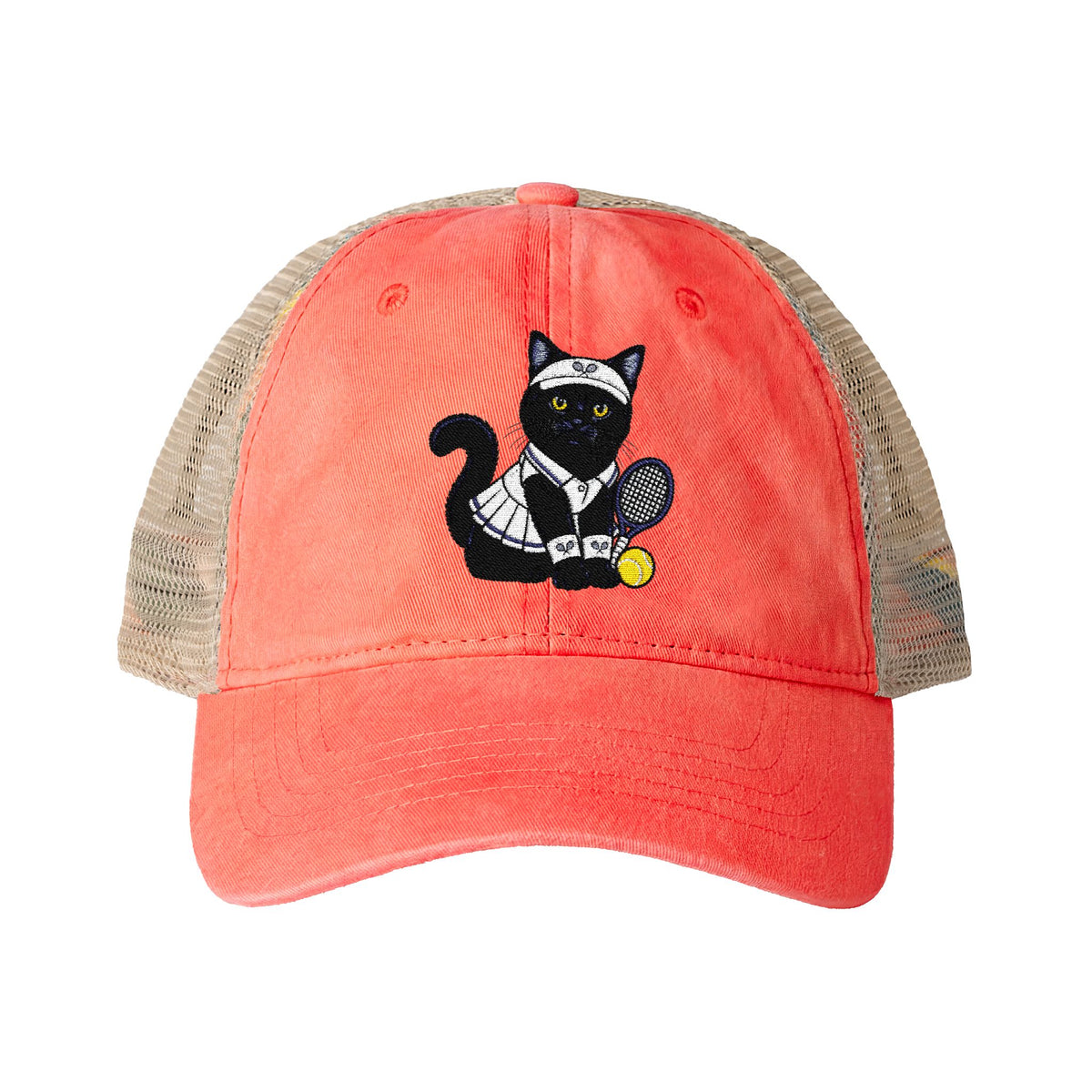 Black Cat Tennis Embroidered Women's Washed Mesh-Back Cap