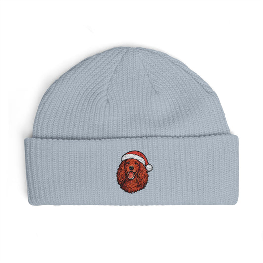 Cuffed Beanie — Embroidered Irish Setter Dog in Santa Hat Winter Hat
