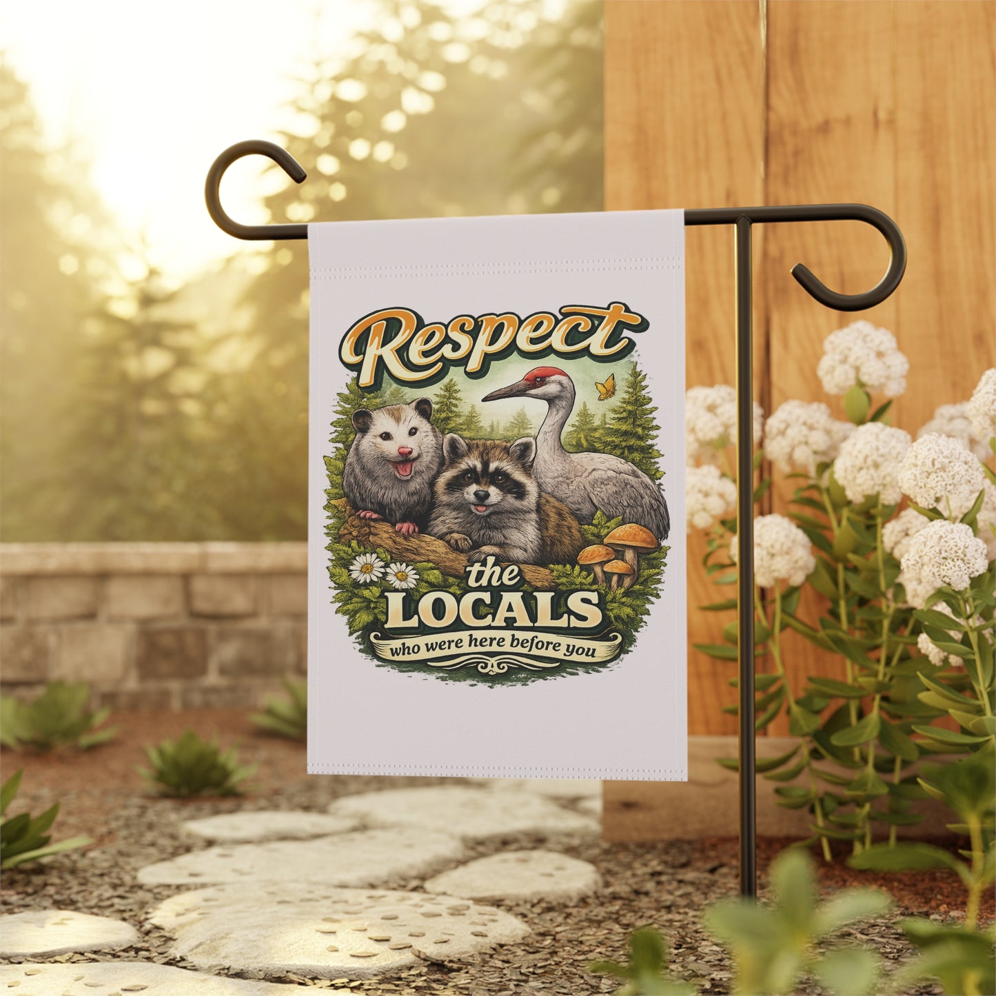 Respect the Locals Garden Flag | Garden & House Banner Opossum Raccoon Sandhill Crane