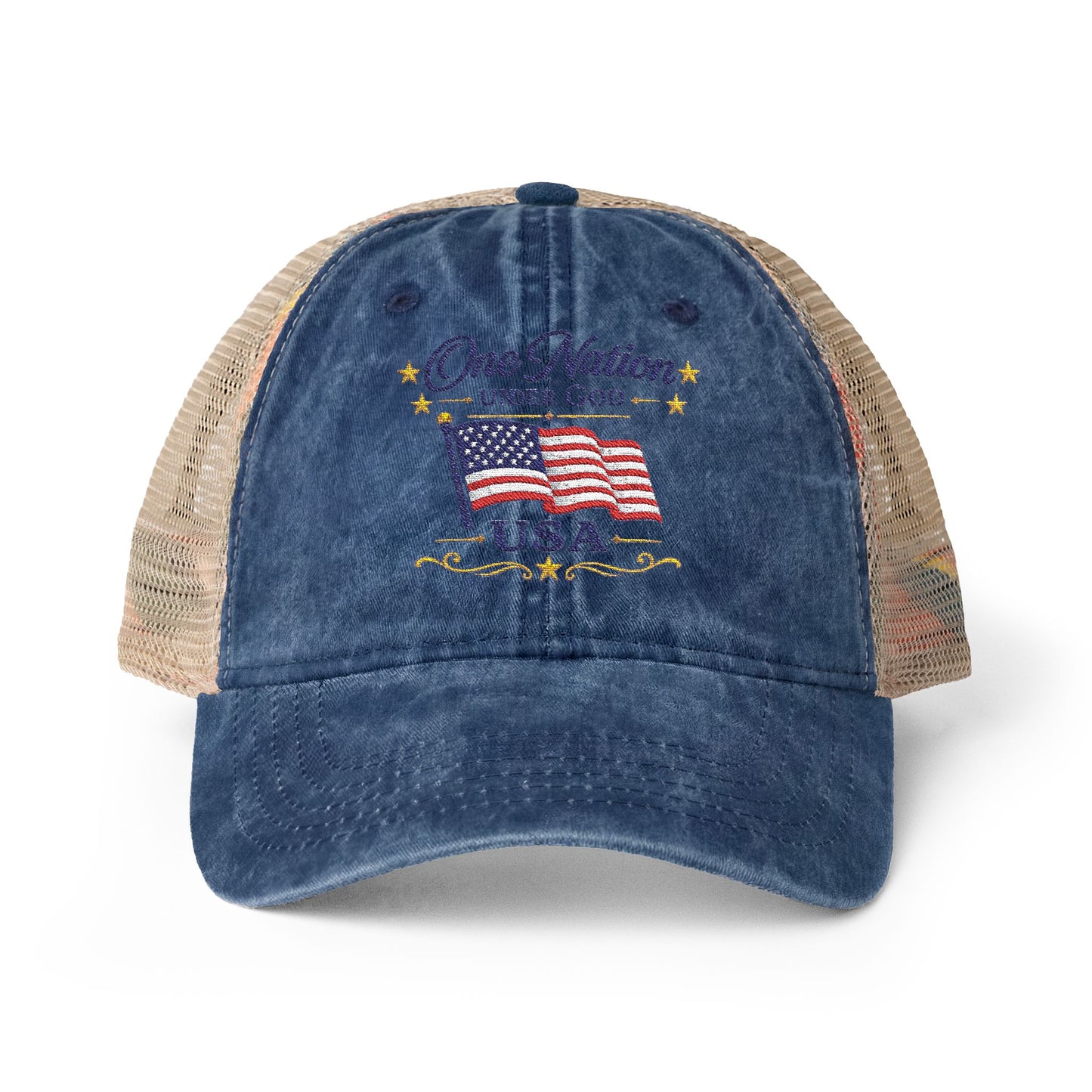 Women's Washed Mesh-Back Cap Embroidered "One Nation Under God" USA Flag - cool prints under bill of cap