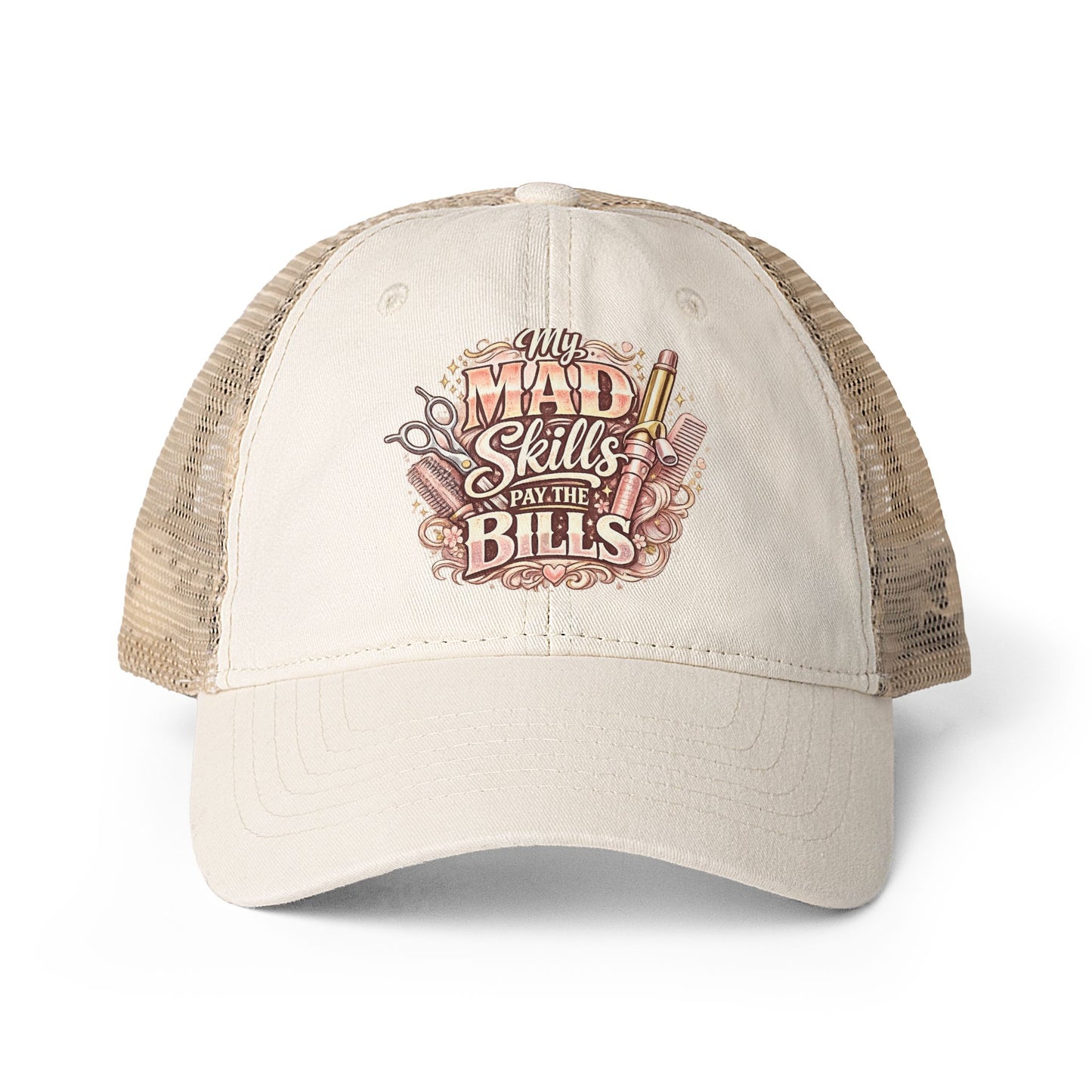 Mesh-Back Cap with surprise print under visor/ My Mad Skills Pay the Bills hairstylist