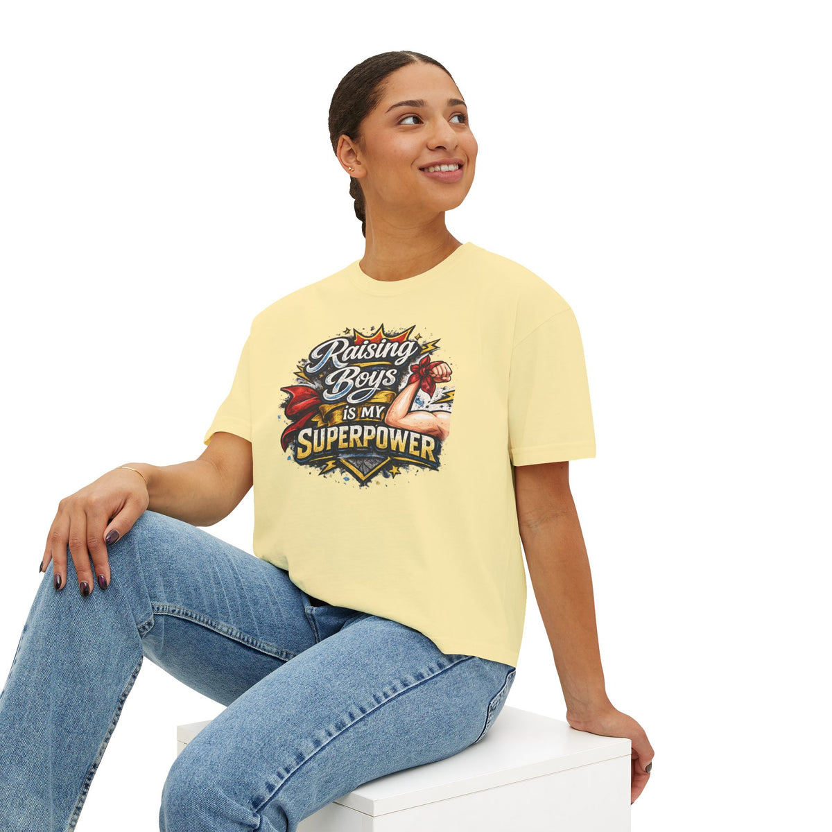 Raising Boys Is My Superpower Tee | Mom Superhero Graphic Shirt