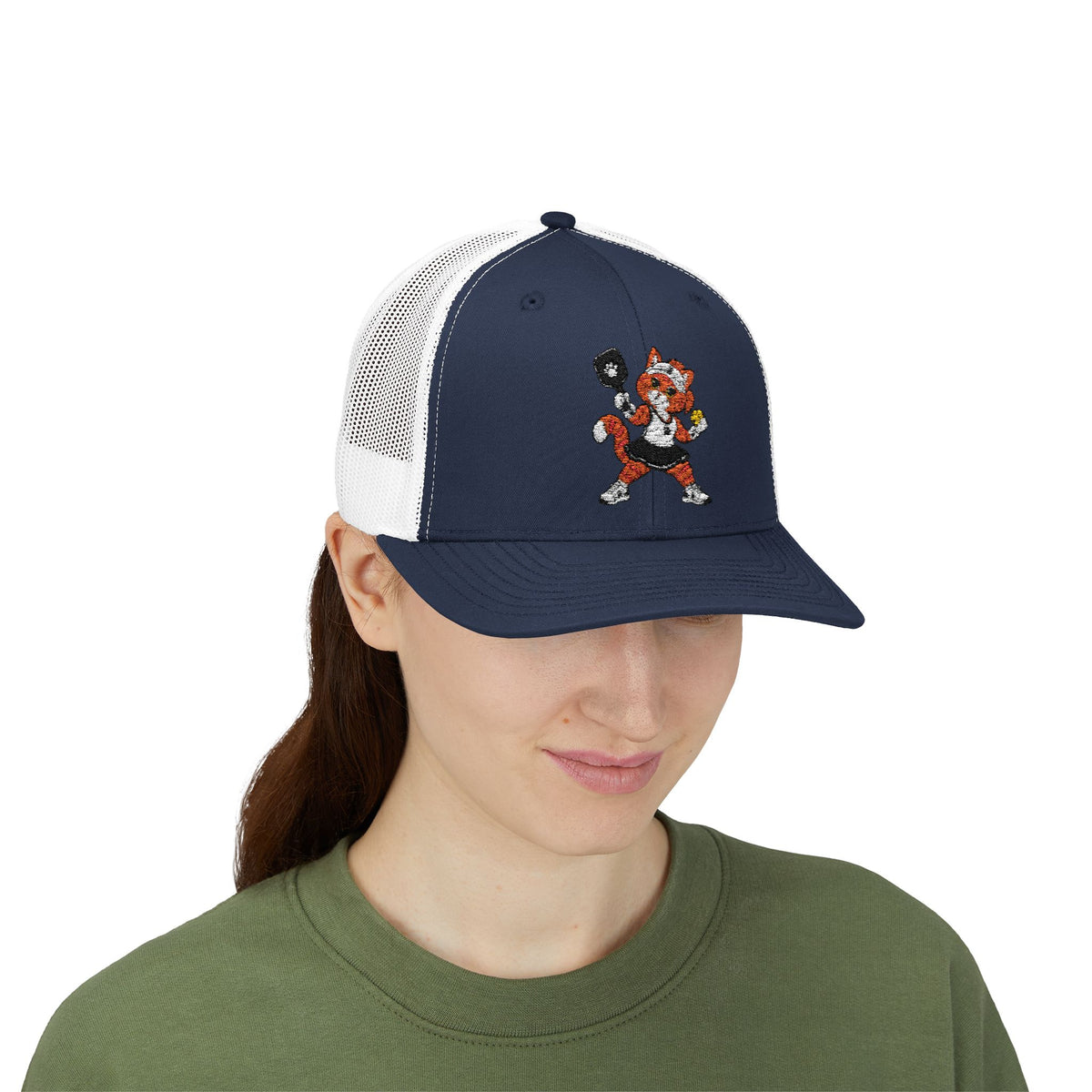 Pickleball Tabby Cat Embroidered Snapback Cap | Trucker Hat