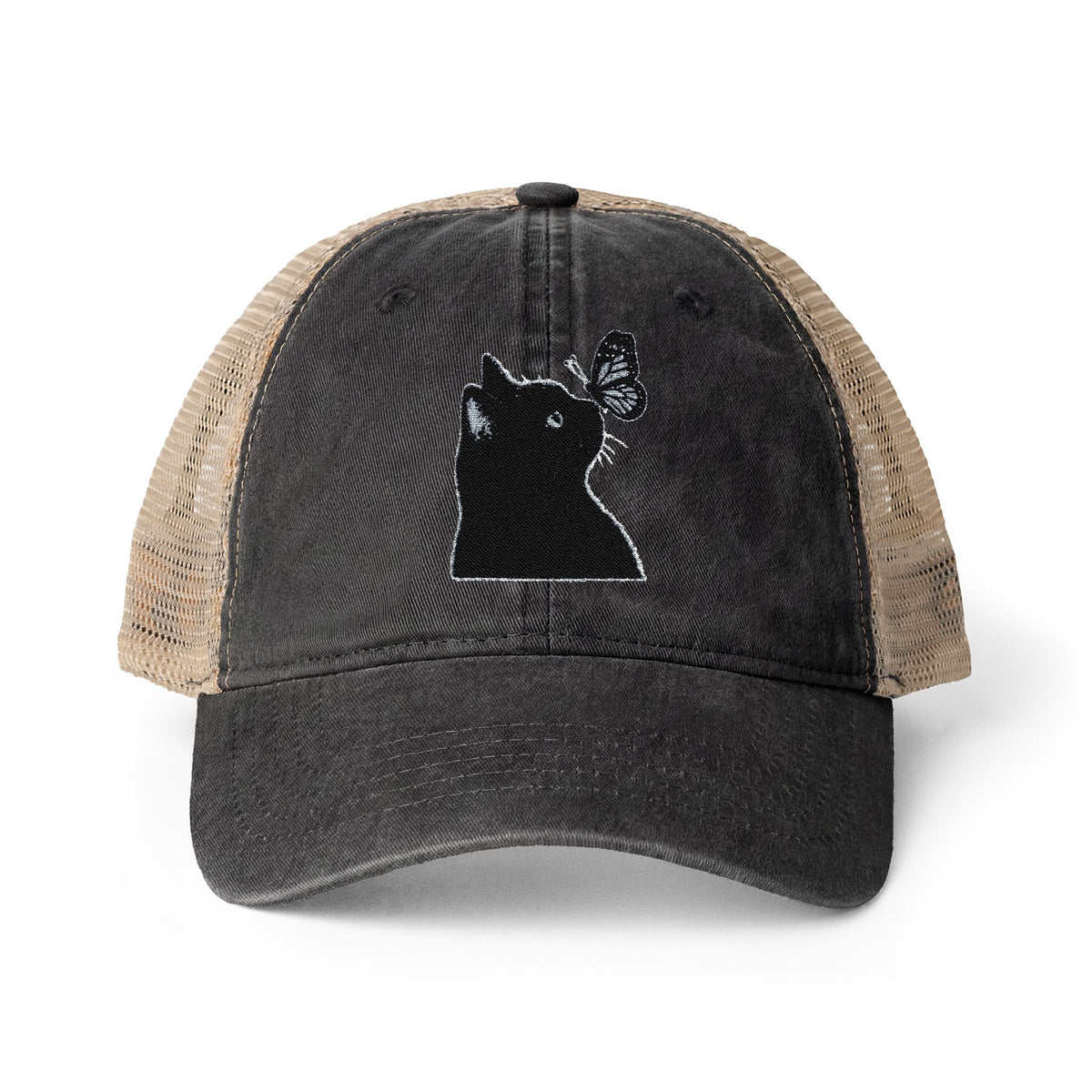 Black Cat embroidered Women's Washed Mesh-Back Cap