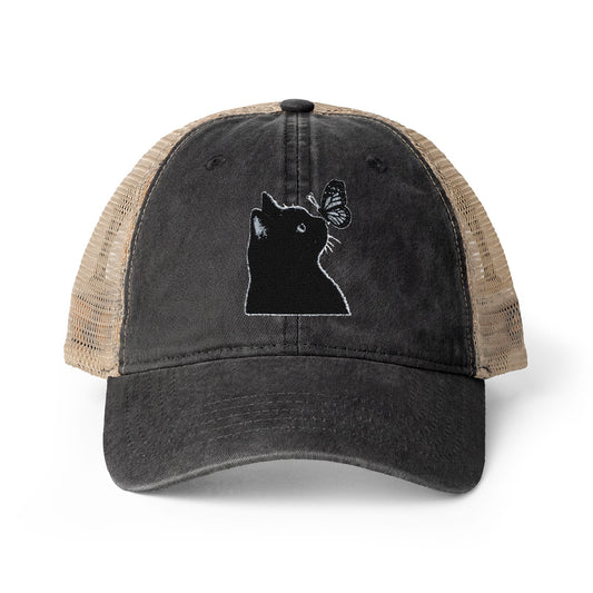 Black Cat embroidered Women's Washed Mesh-Back Cap