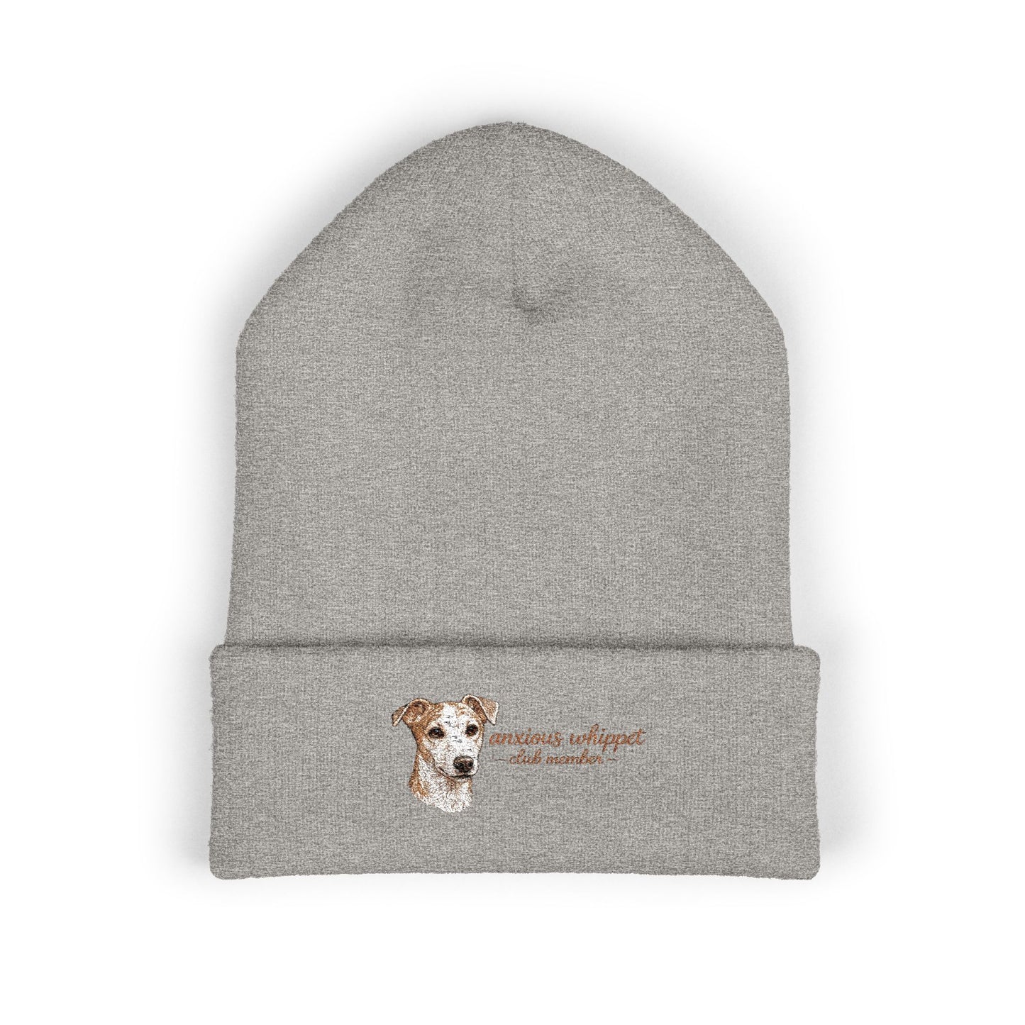 Anxious Whippet Embroidered Beanie | Cuffed Knit Hat
